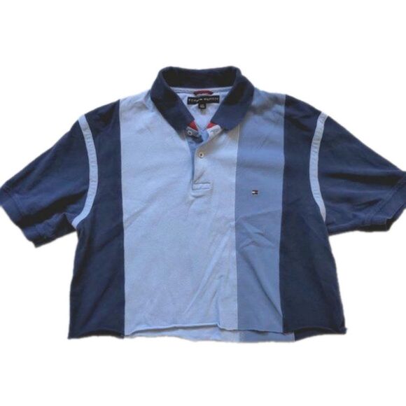 Vintage y2k 2000s Tommy Hilfiger Cropped Polo Shirt Blue Raw Hem Preppy Large - Picture 1 of 6